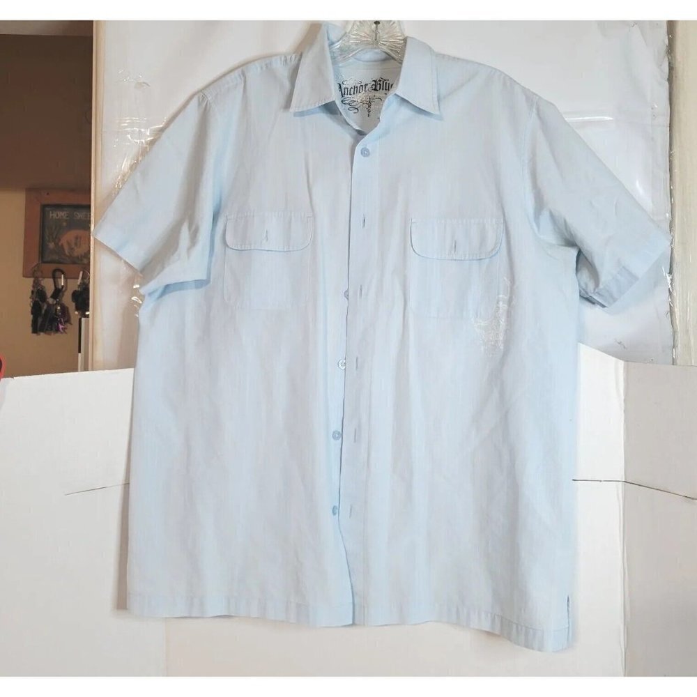 Anchor Blue Light Blue Button Up‎ Short Sleeve Shirt Pockets Casual